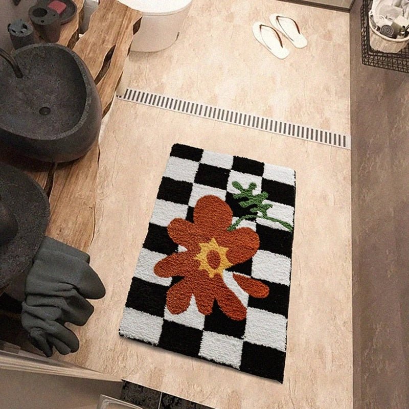 Vintage Tjekket Plaid Badeværelsesmåtter - Cozy Retro Blomsterteppe til Badeværelse og Hjem Deko